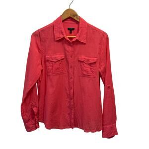 Talbots Size 10 Pink Gauze Button Up Blouse Pockets Poll Tab Sleeves